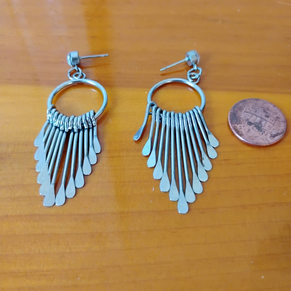 Silver Fringe Hoop Drop Earrings - Women Jewelry